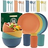PYRMONT Wheat Straw Dinnerware Sets, Microwave & Dishwasher Safe Unbreakable Dinnerware Set-(28 PCS), Reusable Dishware Sets, Lightweight Camping Dishes, Plates, Cups, Cereal Bowls for 4 Colorful