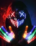 STONCH Halloween Mask Skeleton Gloves Set, 3 Modes Light Up Scary LED Mask with LED Glow Gloves, Halloween Decorations Anonymous Carnival Masks, Halloween Costumes glow purge Masks ​Gift for Boys Girl