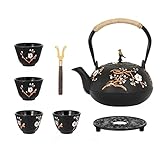 Dyna-Living Cast Iron Teapot with Infuser 40.6oz Tea Kettle for Stovetop Japanese Style Tea Pot Set with 4 Tea Cups Home Teapot Inside Coated with Enamel (1200ml)