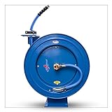 BLUSEAL BSWR5850 Retractable Hose Reel with 5/8' x 50' Hot Water Rubber Hose, 6' Lead-in, 500 PSI, Brass Fittings, Swivel Mount Hose Reel, 9 Pattern Spray Nozzle