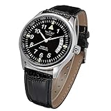 VIGOROSO Men's Sport Day Date Black Leather Automatic Self Winding Watch