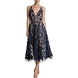 Dress the Population Women's Blair Plunging Fit and Flare Midi Dress Dress, Navy/Nude, L