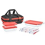 Pyrex Easy Grab 9-Piece Glass Baking Dish Set with Lids and Insulated Carrier, Glass Food Storage Containers with Insulated Bag and Hot/Cold Packs, Non-Toxic, BPA-Free Lids, Bakeware Set