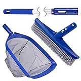 POOLAZA Pool Skimmer Net & Pool Brush Head with 50'' Aluminum Pool Pole, Fine Mesh Pool Net Skimmer Plus 14' Sturdy Pool Brushes for Cleaning Pool Walls, Ideal Pool Cleaning Kit for Above Ground Pool.