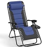 MFSTUDIO Zero Gravity Chairs, Patio Recliner Chair, Padded Folding Lawn Chair with Cup Holder Tray, Navy Blue