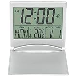 Electronic Compact Desk Alarm Clock Digital Travel Alarm Clock Foldable Calendar Temperature Timer Clock Atomic Desk Alarm with Clamshell Countdown Built-in Battery for Nightstand or Desk Home Decor
