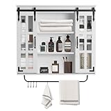 RUSTOWN Farmhouse Bathroom Cabinet Wall Mounted, Rustic Wood Wall Cabinet with Two Sliding Glass Doors and Adjustable Shelf, 3-Tier Vintage Wooden Storage Cabinet for Bathroom(White)