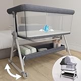 Earth&ME Baby Bassinet Bedside Sleeper with Rocking - All Mesh Portable Bedside Crib for Safe Co-Sleeping, Storage Basket and Wheels, Adjustable Height, Includes Travel Bag, Mosquito Net