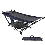 RedSwing Portable Hammock with Stand, Freestanding Hammock with Collapsible Steel Stand for Outdoor Yard Beach, Foldable Hammock with Removable Pillow and Storage Net, 264lbs Capacity (Grey and Blue)