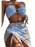 MakeMeChic Women's 3 Piece Bathing Suits Halter Ring Bikini Set with Cover Up Skirt Light Blue M