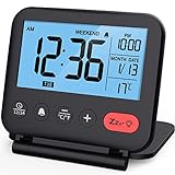 NOKLEAD Digital Travel Alarm Clock for Bedroom Office: Small LCD Desk Clock with Backlight Date Temperature Snooze 12/24H Weekend Mode and Mirror, Battery Powered Folding Bedside Clock for Adult Kids