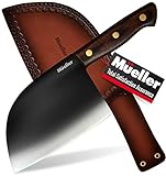 Mueller UltraForged Professional Meat Cleaver Knife 7' Handmade High-Carbon Clad Steel Serbian Chef Knife with Leather Sheath, Full Tang Pakkawood Handle, Multi-functional for Kitchen, Camping, BBQ
