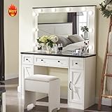 JXQTLINGMU Farmhouse Vanity Desk with Hollywood Makeup Mirror - Ample Storage Space with 3 Drawers & 2 Cabinets - Detachable Light Bulbs, Stool Included, Bedroom, White