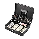 LIANTRAL Cash Box, Large Size Money Box with Lock and 5 Compartment Tray, 4 Spring-Loaded Clips for Bill(11.8' x 9.5' x 3.5'), Black