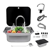 Aupitolt RV Sink Kitchen with Folding Faucet and Lid, 5.9' Deep Stainless Steel Drop-in Hand Wash Basin Sink RV Camper Kitchen Faucet w/Cover & Faucet Strainer for Caravan Van Camper