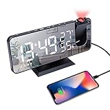 Projection Digital Alarm Clock for Bedrooms, Radio Alarm Clock with Projection on Ceiling, Dual Alarms, USB Charger Port, Temperature & Humidity Display, 7.3” Large Mirror LED Display Loud Alarm Clock