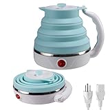 Travel Foldable Electric Kettle, Collapsible Food Grade Silicone Small Kettle Boiling water,Dual Voltage（600ml,110-220V US Plug） (Blue)