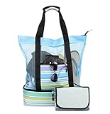 Acmebon Large Mesh Beach Tote Bag with Picnic Blanket and Built-in Insulated Cooler Blue