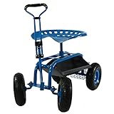 Sunnydaze Garden Cart Rolling Scooter with Extendable Steering Handle -Swivel Seat and Utility Basket - Blue