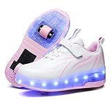 HHSTS Kids Shoes with Wheels LED Light Color Shoes Shiny Roller Skates Skate Shoes Simple Kids Gifts Boys Girls The Best Gift for Party Birthday Christmas Day(3 Little Kid,White Pink)