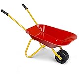 Costzon Kids Wheelbarrow, Metal Construction Toys Kart, Child Wheel Barrel w/Non-Slip Handle, Wearable Wheels, Yard Rover Steel Tray, Tote Dirt/Leaves/Tools in Garden for Toddlers (Red)