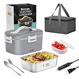 Dicorain Electric Lunch Box, 80w 1.8L Heated Lunch Box for Truck/Car/Office/Home/Work, 12/24/110v 3 In 1 Portable Food Warmer Lunch Box with Removable SS Container, Fork & Spoon (Grey)
