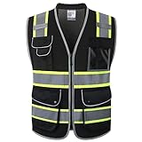 JKSafety 9 Pockets Hi-Vis Black Safety Vest for Men Women High Visibility Reflective Construction Mesh Fabric Cushioned Collar Work Utility PPE Work Gear ANSI/ISEA compliant (101-Black L)