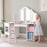 2 in 1 Kids Vanity Set, Princess Makeup Table and Chair with Open Storage Cabinet, Pretend Play Vanity with Detachable Tri-fold Mirror for Little Girls Age 3-9 (White with Chair)