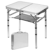 Folding Table Small Lightweight Portable Aluminum Camping Table Mini Foldable Table with Adjustable Height Legs for Picnic Cooking Beach, 2ft and 3 Heights