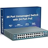 Yuanley 24 Port PoE Switch with 2 Gigabit Ethernet Uplink Port, Unmanaged 26 Port 802.3af/at 400W Power PoE+ Network Switch, Rackmount Plug and Play