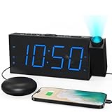 Mesqool Projection Alarm Clock, Loud Vibrating Alarm Clock for Heavy Sleepers, Adjustable Projection Brightness,Hearing Impaired & Deaf People, Digital Alarm Clock with USB Charging Port