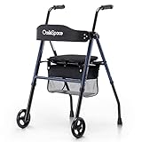 OasisSpace Folding Walker with Seat, 6” Front Wheel Walkers for Senior, 3 in 1 Adult Standard Walker with Backrest & Storage Bag Support up to 300lbs Blue