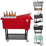 SEALAMB 80 Quart Rolling Cooler Cart with Wheels, Portable Ice Chest with Bottle Opener & Shelf, Outdoor Beverage Cart Ice Chest Cart for Patio Party, Picnic, BBQ, Camping (Red)