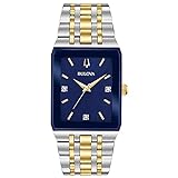 Bulova Men's Modern Two-Tone Stainless 3-Hand Quartz Watch, Blue Rectangle Dial with Diamonds Style: 98D154