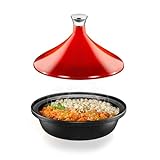 NutriChef Moroccan Tagine Pot for Cooking - Premium Cast Iron Cooking Pot with Stainless Steel Knob and Red Cone-Shaped Porcelain Enameled Lid - 11.6' Width, 2.75 Qt