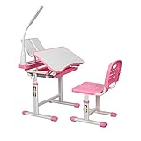 Gowxil Kids Functional Desk and Chair Set, Height Adjustable Children School Study Desk with Tilt Desktop, Bookstand, LED Light, Metal Hook and Storage Drawer for Boys Girls(Pink)