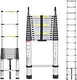 16.5ft Telescoping Ladder with 2 Detachable Hooks DIY Aluminum Extension Ladders for Home Indoor Outdoor, Portable Heavy Duty Ladder 330lbs Max Load 13 Steps 3.2ft Folded Height Easy to Transport