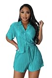 Fastkoala Sexy Two Piece Outfits for Women Summer Casual Pleated Button Down Shirt Shorts Tracksuits Sweatsuits Set Blue M