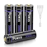 POWXS Rechargeable AA Batteries USB, 1.5V Lithium Ion AA Rechargeable Batteries 3300mWh Fast Charging Double A Batteries(with 4 in 1 Micro USB Cable)