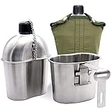 ELK Stainless Steel Military Canteen and Cup With Green Cover For Camping, Hiking, Backpacking, Hunting, Fishing and Outdoor Adventures