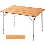 KingCamp Bamboo Folding Table Camping Table 4-Folds Lightweight with Adjustable Height Aluminum Legs Heavy Duty Portable Camp Tables in Carry Bag for Indoor Outdoor Hiking Picnic Beach Tailgating
