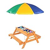 JOYMOR 3 in 1 Kids Picnic Table with Umbrella and 2 Play Boxes, Sand & Water Table with Removable Tabletop, Outdoor Convertible Wooden Picnic Table, Children Activity Table Picnic Bench
