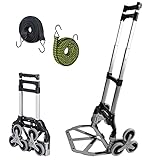 Stair Climbing Cart Portable Folding Hand Truck, 330 LBS Load Capacity Aluminium Trolley with 3-Level Height Adjustable Telescoping Handle, 6 Rubber Wheels & Bungee Cord for Pulling, All Terrain