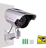 ISEEUSEE Dummy Fake Security Camera, Solar Powered Fake Surveillance Camera with Flash LED Dummy Bullet Simulated CCTV Camera,Indoor Outdoor Use Good for Home/Office/Shop/Garage - Silver Color