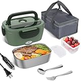 Vabaso Electric Lunch Box for Adults, 60-80W Heated Lunch Box Portable Food Warmer Lunch Box for Work/Men/Car/Truck with 1.5L 304 Stainless Steel Container Fork & Spoon, 110V/12V/24V