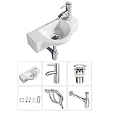 Bathroom Ceramic Washbasin and Faucet Combo White Small Sink Wall Mount Sink Corner Sink Set Chrome Pop-up Drain Included (Sink with Faucet & Drain)