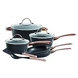 Oster Allsberg Forged Aluminum Non-Stick Titanium Ceramic Induction Base and Copper PVD Plated Stainless Steel Handles, 10-Piece Cookware Set, Matte Black