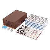 GUSTARIA Travel Mini Mahjong Set, Chinese Mahjong Game Set with 146 Blue Tiles (0.9’’), A Brown Carrying Case, Portable & Lightweight for Travel Family Leisure Time