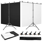 YAYOYA Black White Backdrop Screen with Stand Kit 5x6.5ft for Photo Video Studio, 2-in-1 Revisible Black Backdrop White Screen with T-Shaped Photography Background Support Stand and 5 Backdrop Clamps
