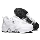 KOFUBOKE 2-in-1 Roller Skates & Sneakers Unisex Retractable Wheels Outdoor Fun & Fitness Kick Roller Shoes (White Without Light, 9.5)